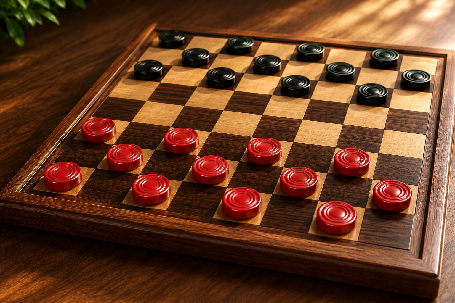 Checkers board with red and black game pieces.